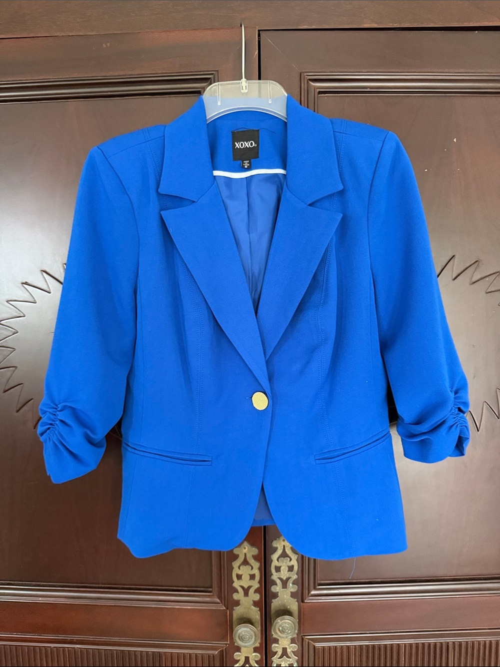 XOXO Cobalt Blue Single-Button Women's Blazer with 3/4 Length Ruched Sleeves Med